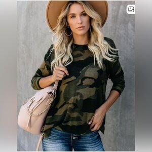 Vici Olive and Black Camouflage Long Sleeve Top